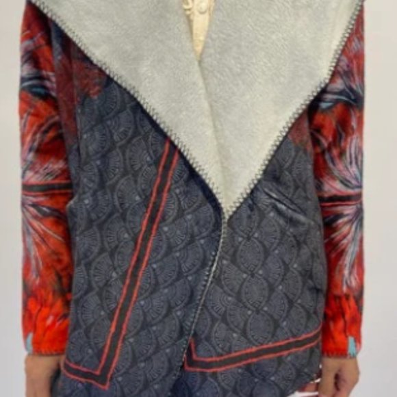 Johnny Was BIYA Rising Sun Sherpa Cozy Hooded Jacket Coat L Blue Red - Picture 5 of 12